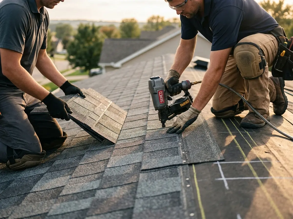 Professional roofer working on a residential roof in Nevada